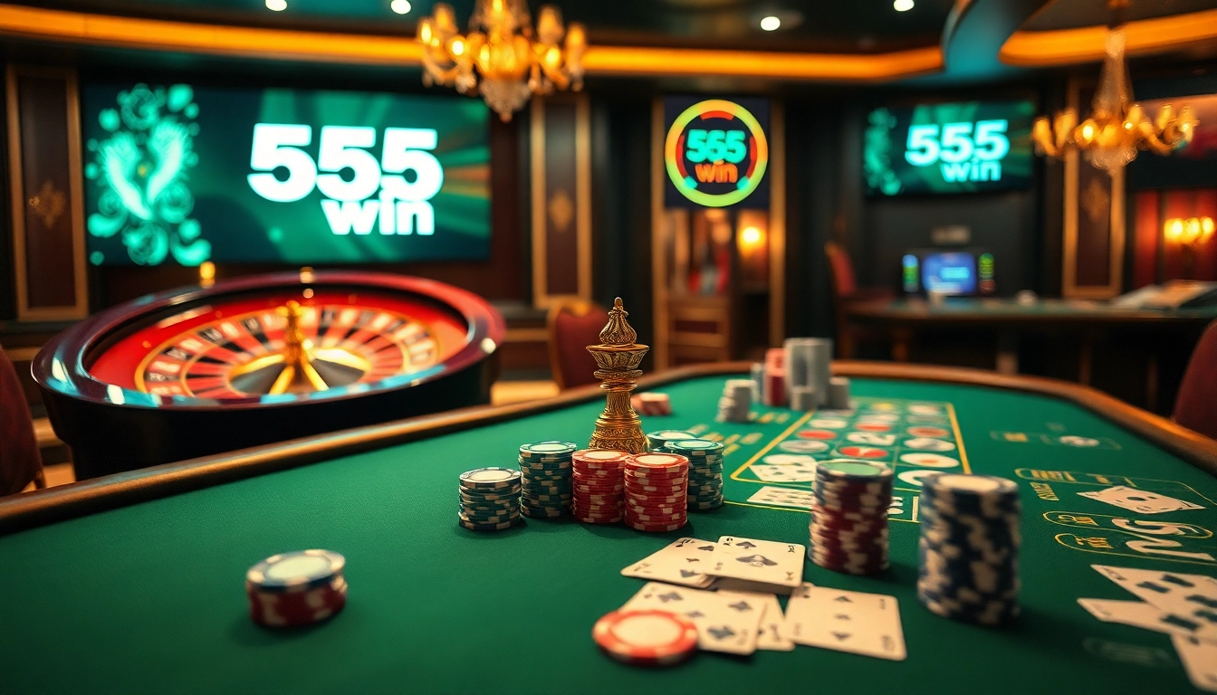 Experience the thrill of winning at 555 win with vibrant casino elements like roulette and poker.