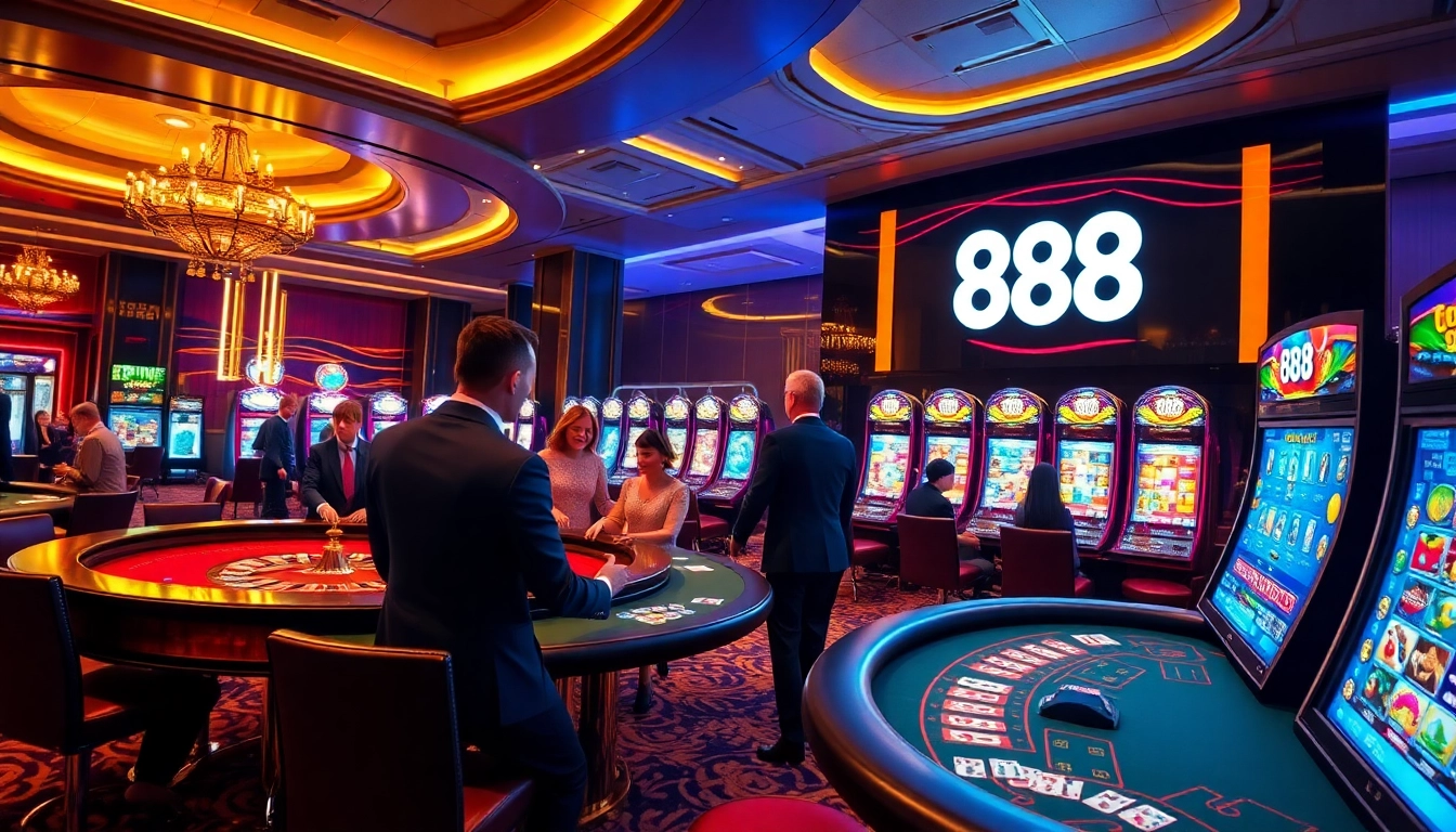 Exciting casino scene showing players at u 888 tables and vibrant slot machines.
