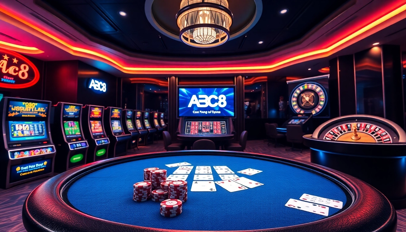 Experience premium online betting at ABC8 with interactive gambling elements like poker tables and slots.
