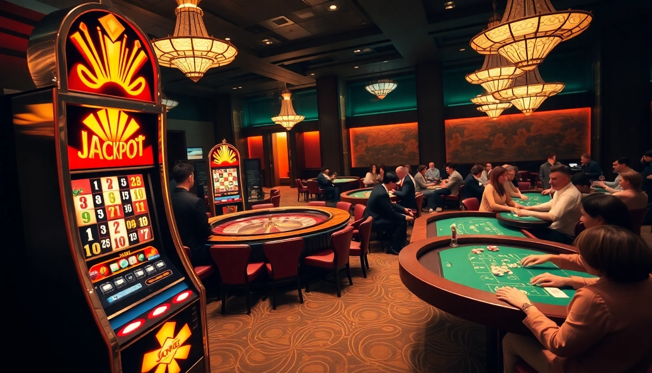 Situs slot gacor displayed in a lively casino scene with players at roulette and poker tables.