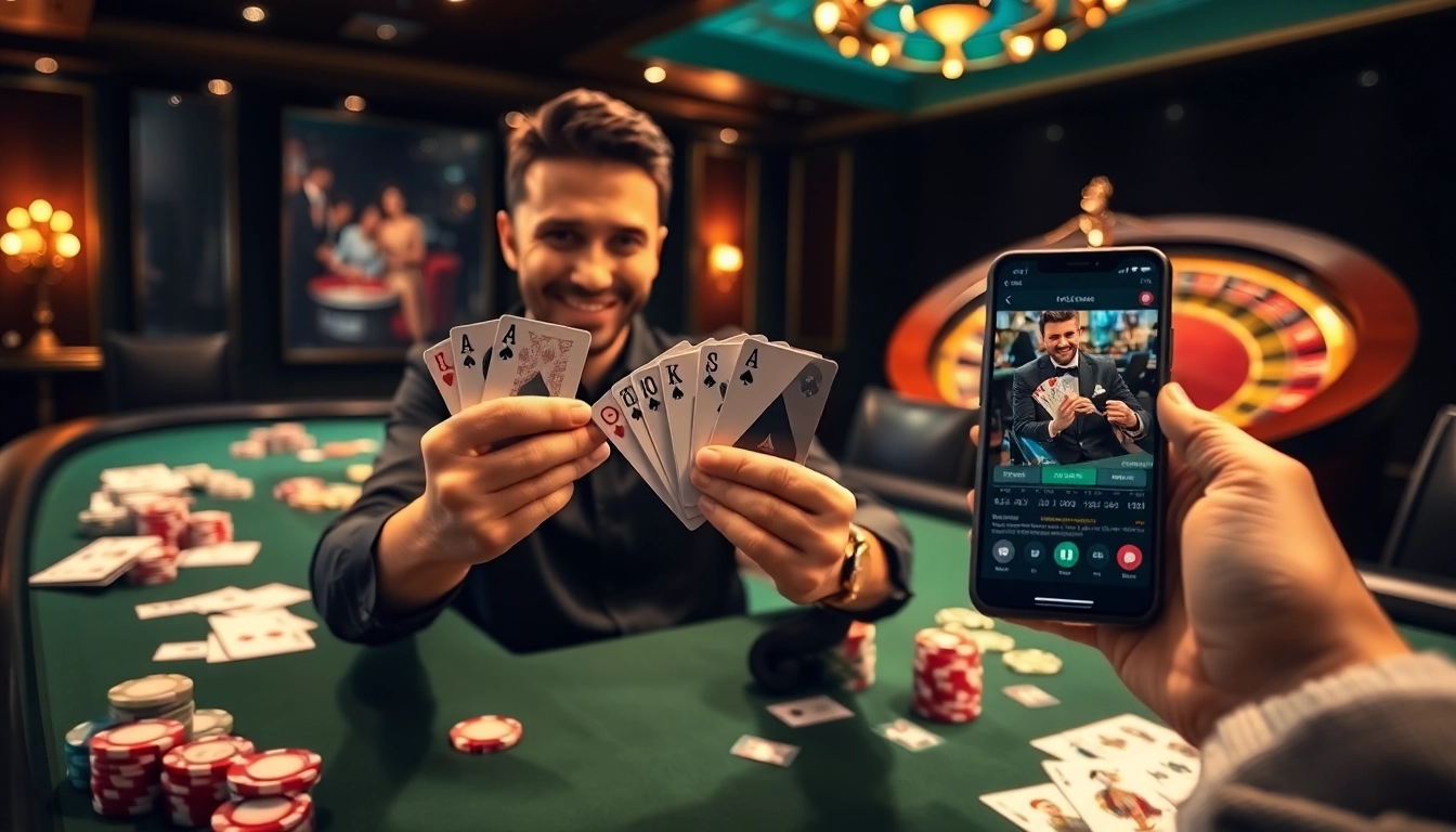 Cwin-themed table game scene showcasing a poker player celebrating a win.