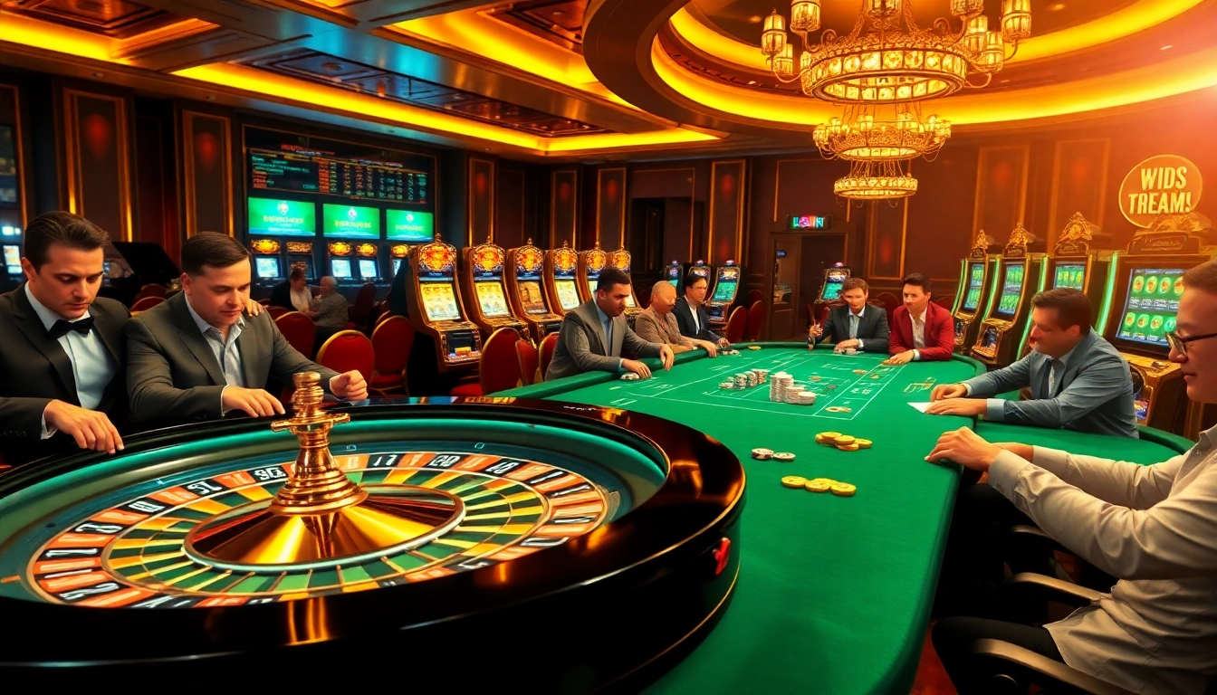 The vibrant casino scene from https://kk55.group featuring roulette, poker games, and bright slot machines evoking excitement.