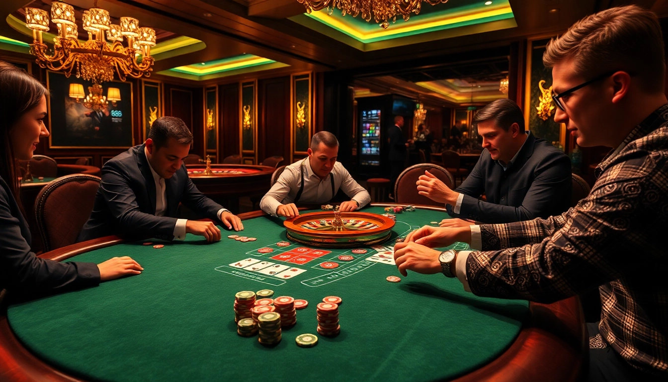 Players enjoying a high-stakes game at u 888 casino, surrounded by chips and vibrant cards.