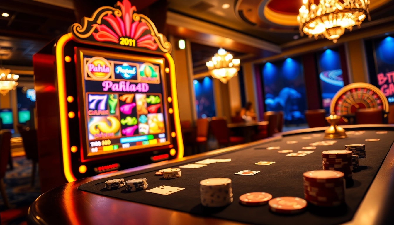 Pahala4D gaming experience with vibrant slot machines and poker action in an exciting casino.