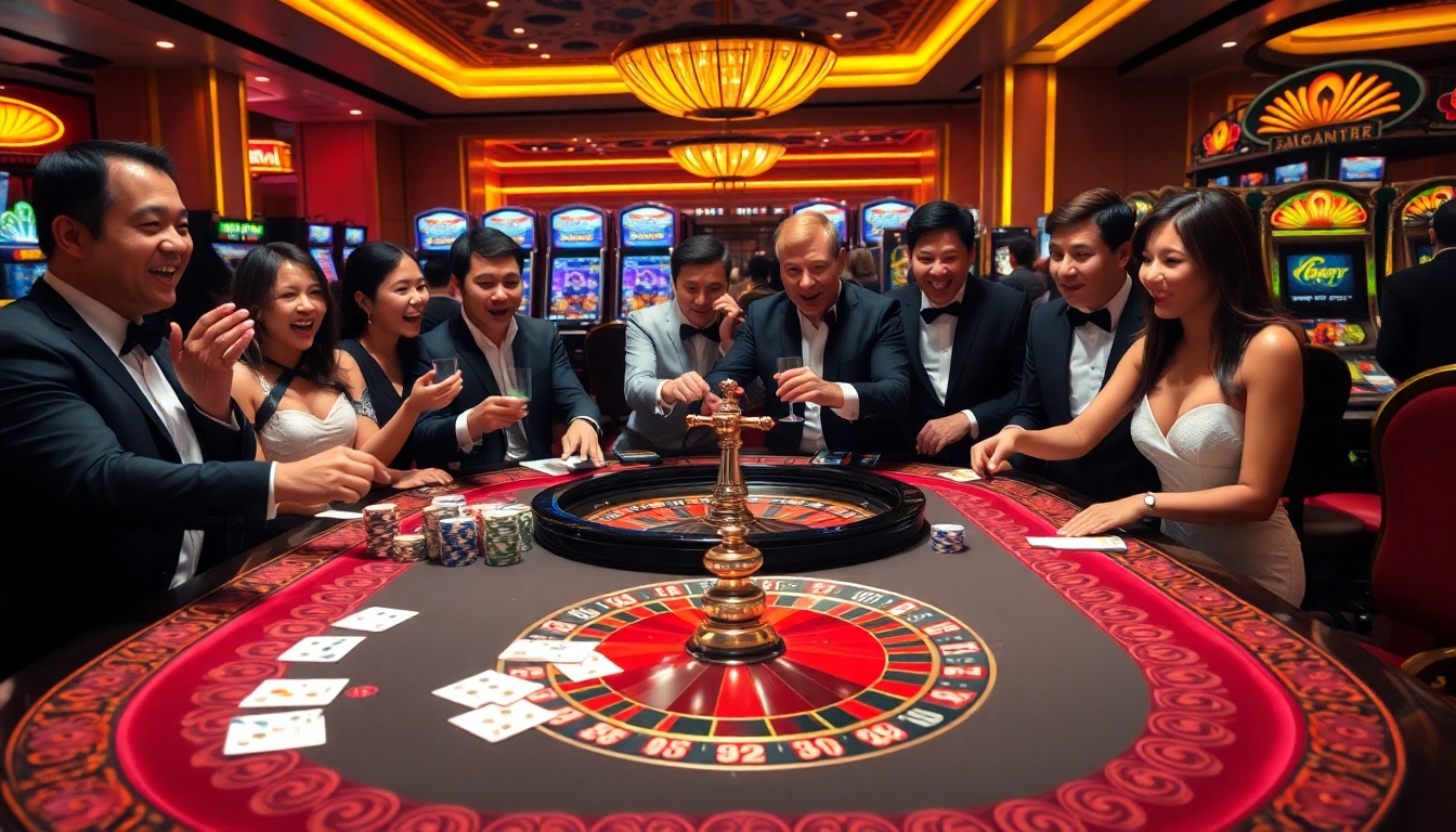 Experience high-stakes excitement at NOHU90's luxurious casino scene with vibrant gaming tables.