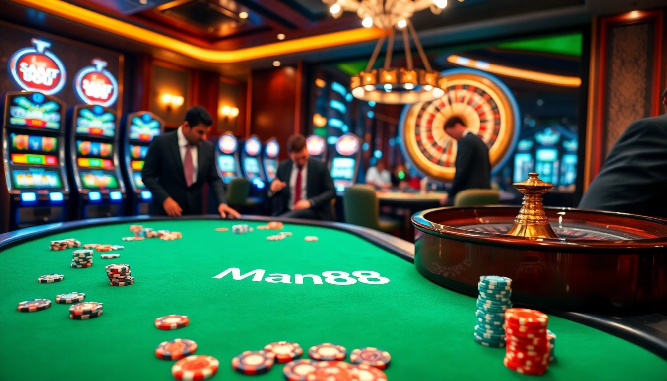 Experience high-stakes gaming at Man88 with colorful poker chips and an elegant casino ambiance.