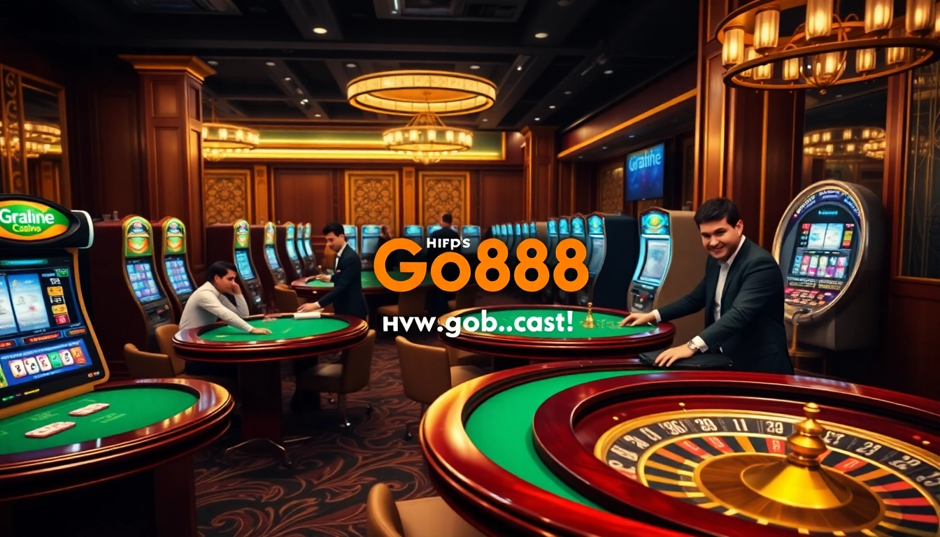 Intense gameplay at the online casino https://go88.fast/ showcasing poker tables and slot machines in a vibrant setting.