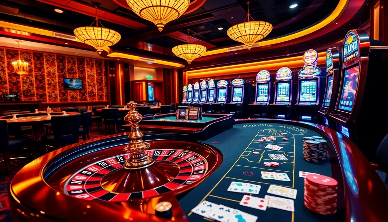 Exciting casino scene at https://nh88vn.com/ showcasing roulette, poker tables, and vibrant slot machines.