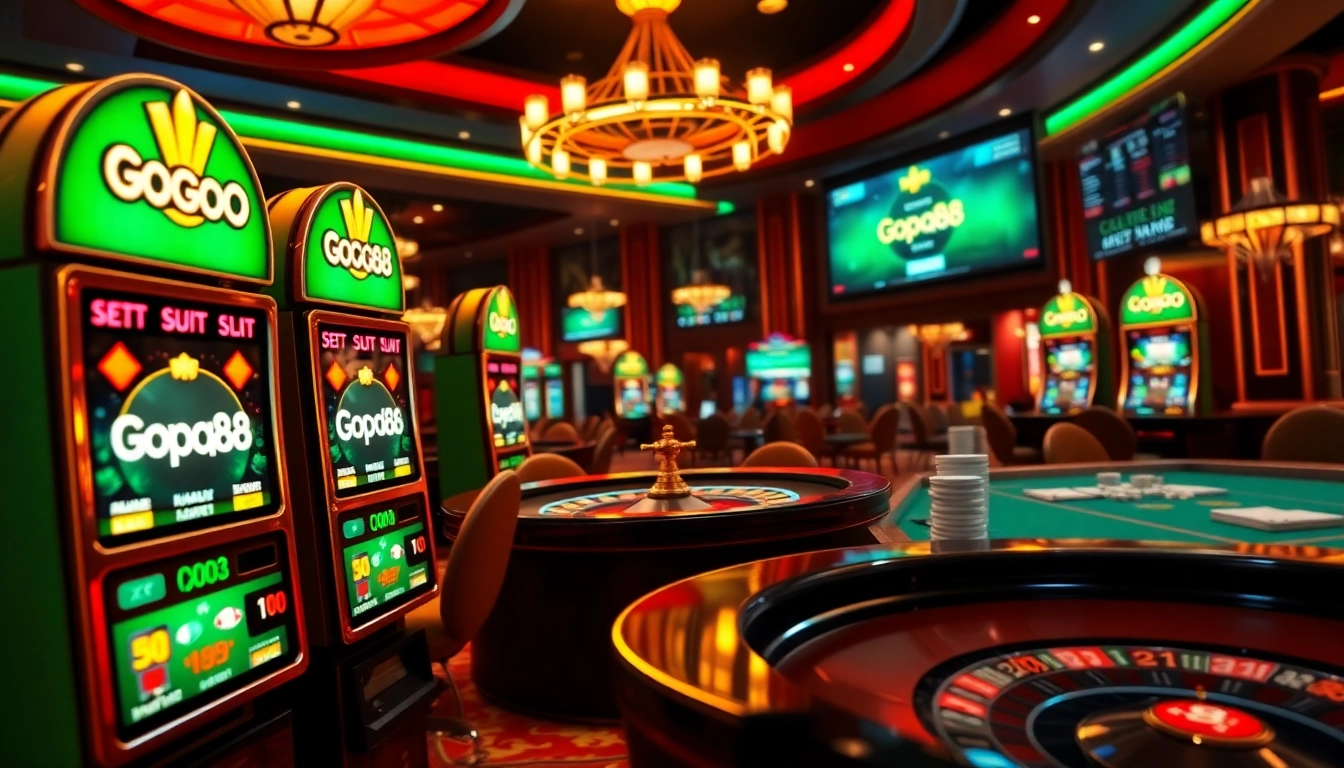 Experience the excitement of Gopay88 with vibrant slots and poker tables in a luxurious casino setting.