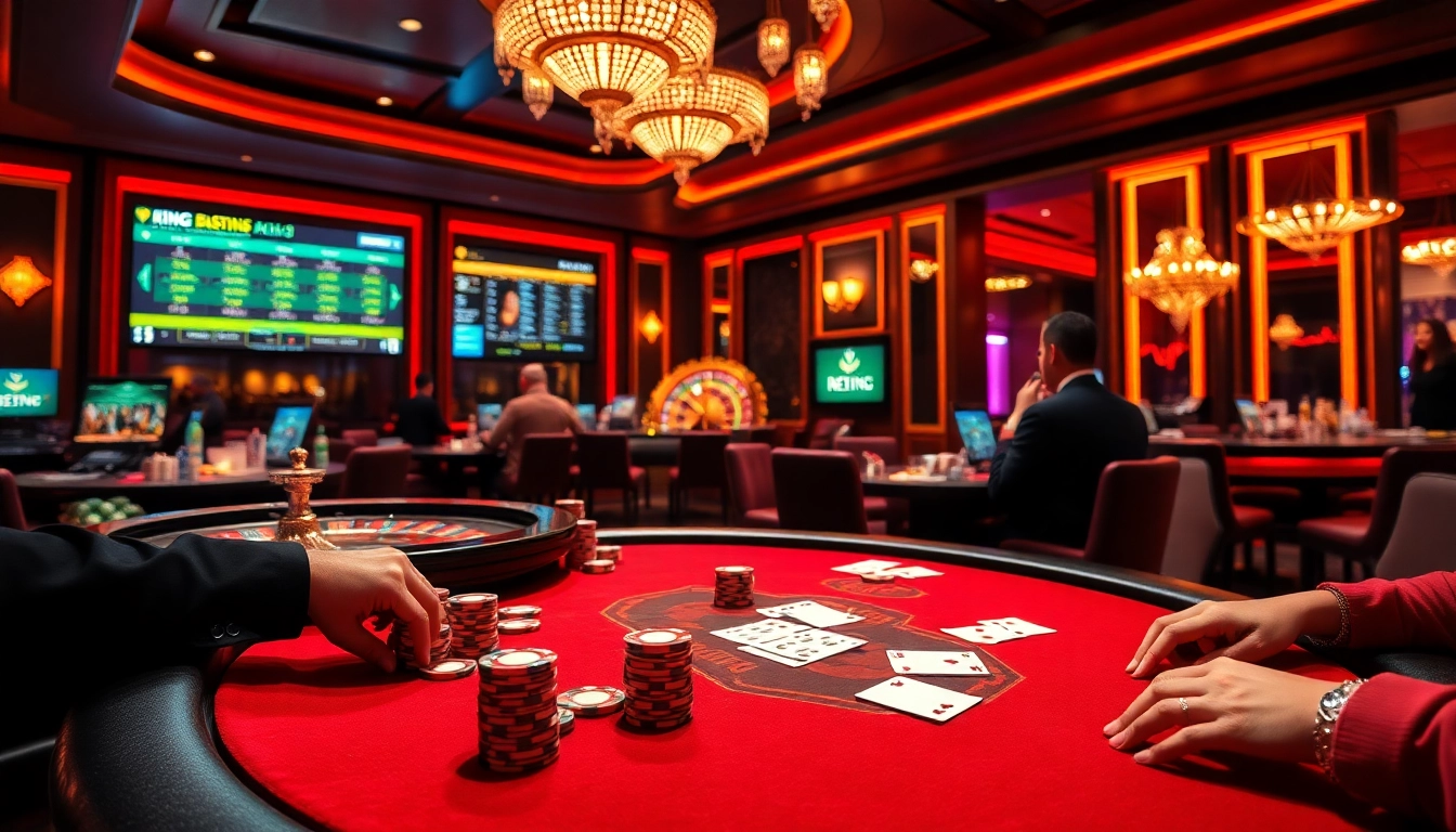79 king poker players strategizing at an elegant casino table, surrounded by vibrant energy and luxury.