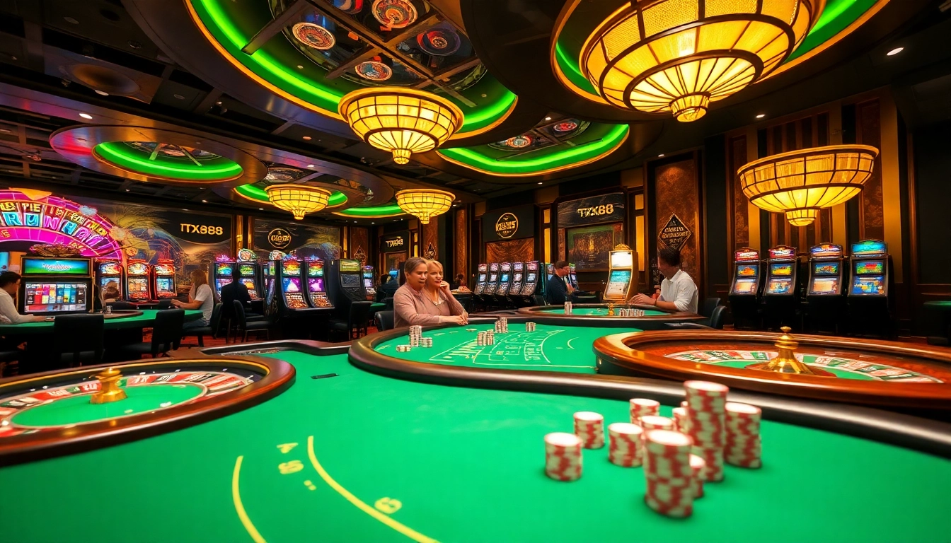 Experience the excitement of TX88 at a luxurious casino with vibrant gaming tables and eager players.