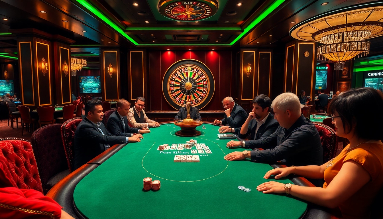 Engage with the thrilling bk8thai ทางเข้า at a vibrant poker table, where players enjoy their games in a luxurious casino setting.