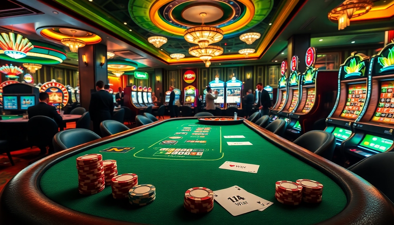 Players engaging with poker chips and cards at a luxurious casino table featuring 11WIN branding.